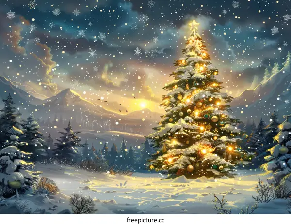 Snowy Winter Landscape with a Christmas Tree
