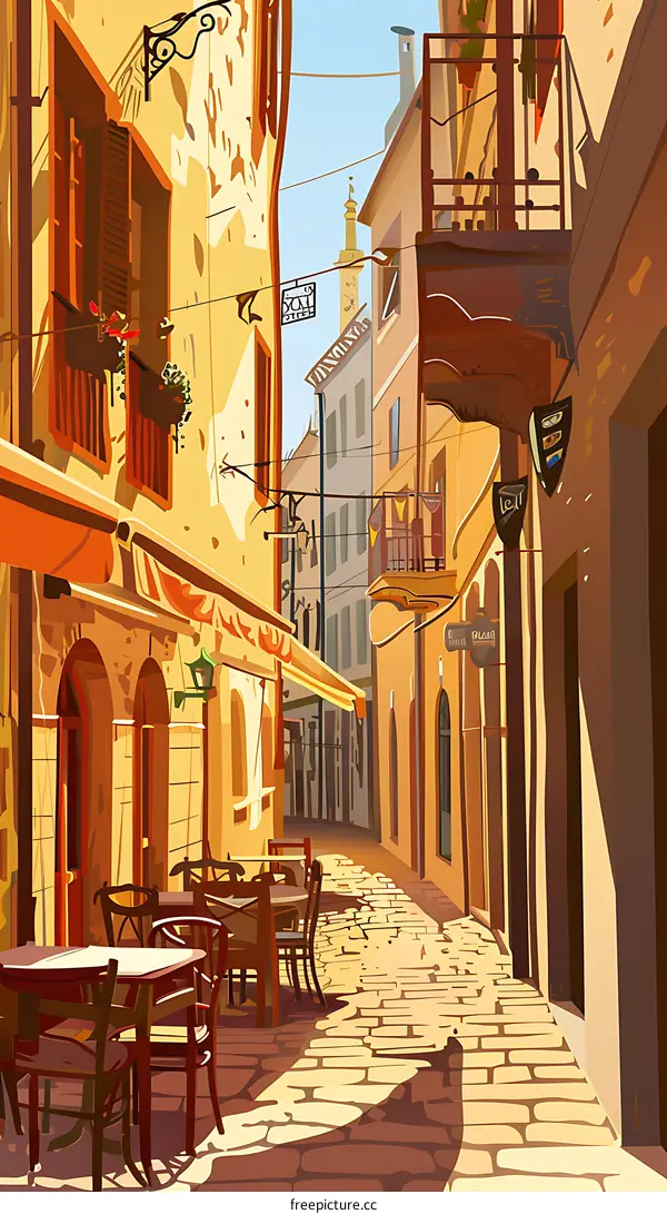 Cobblestone Street with Tables and Chairs in a European City