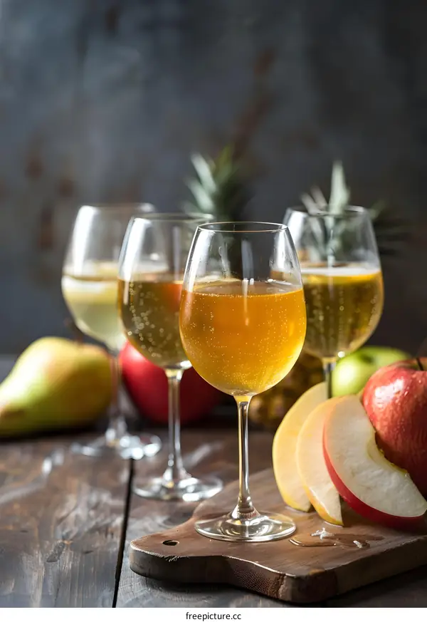 Three Glasses of Sparkling Cider with Apples and Pears on Wooden Background