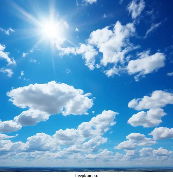 Blue sky with white clouds and bright sun