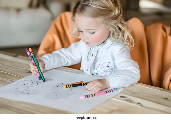 Little Girl Sitting at a Table Drawing with Crayons