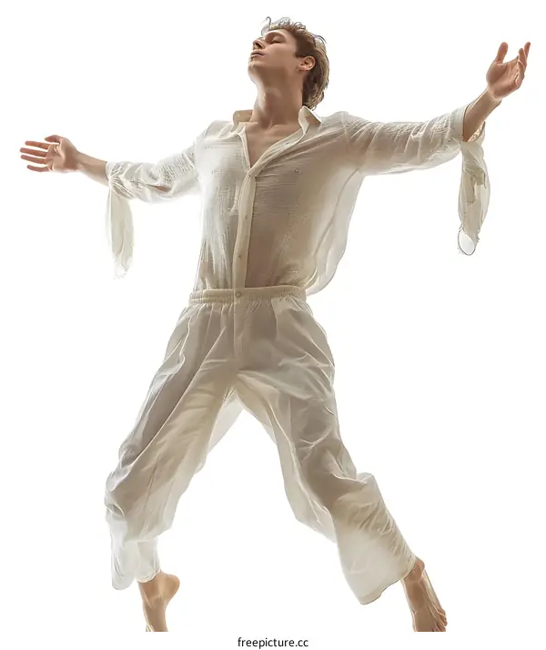 A male dancer is posing in a white shirt and pants.