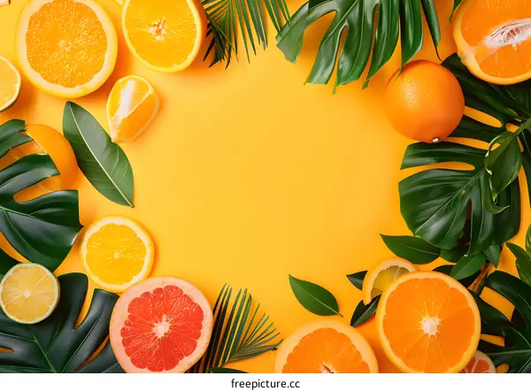 Summer Fruit and Tropical Leaves on Yellow Background