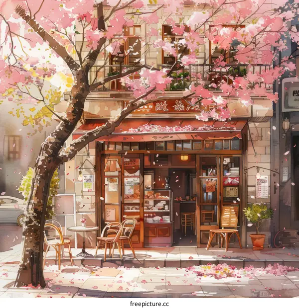 An illustration of a pink cherry blossom tree in front of a cafe