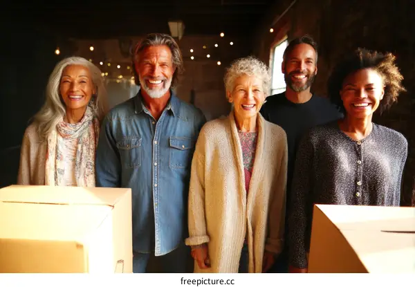 Diverse Group of Seniors Posing with Moving Boxes