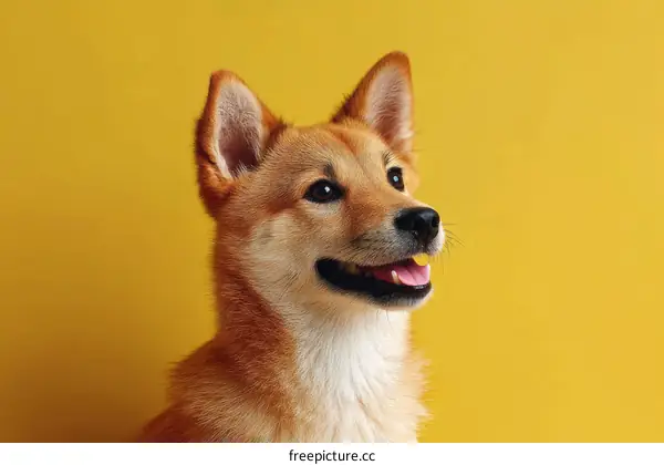 Close-up Portrait of a Shiba Inu Dog on a Yellow Background