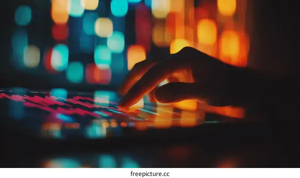 Person Using a Tablet at Night with Colorful Lights