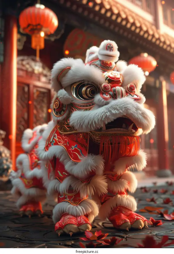 Lion Dance Costume Performance at a Chinese Temple
