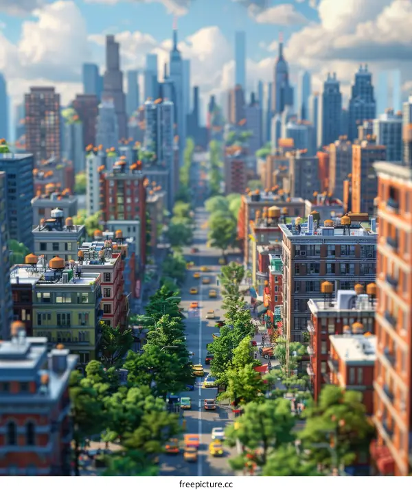 A miniature city with many tall buildings and a long road in the center