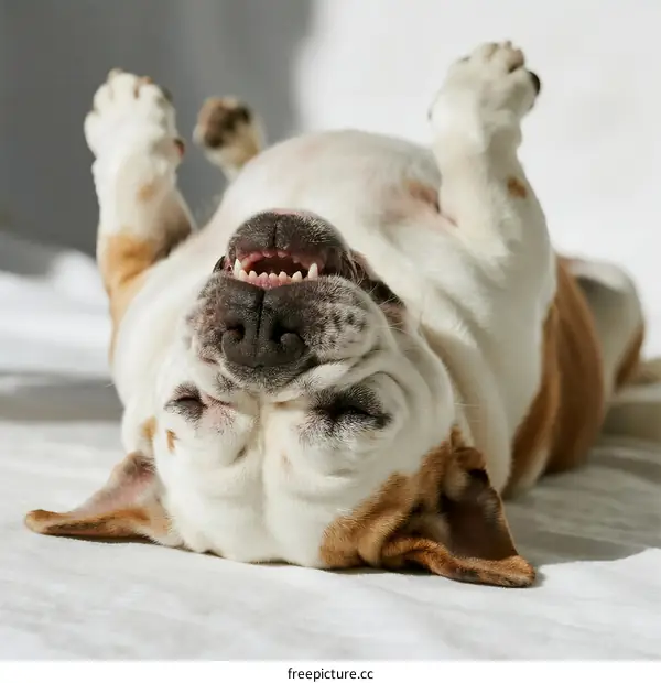 A joyful bulldog lying on its back with paws up
