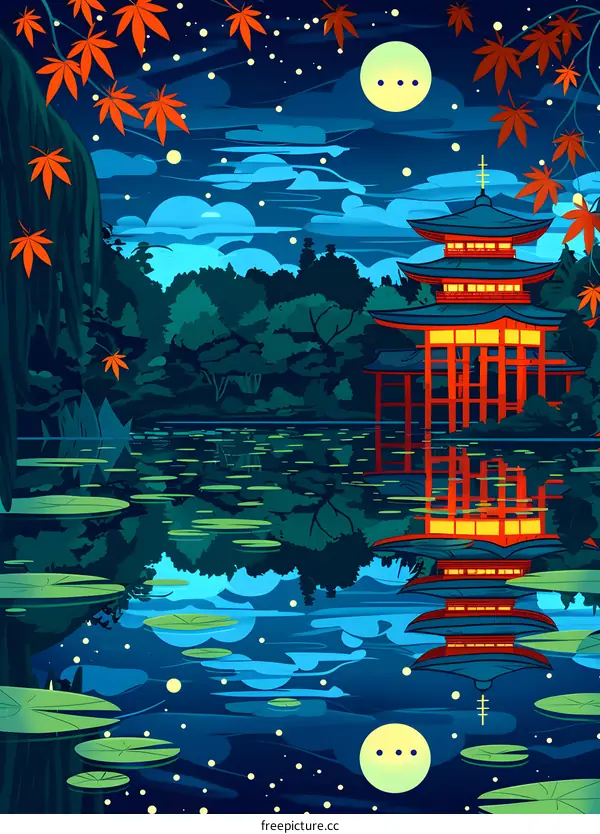 The pagoda is surrounded by red maple leaves and the reflection is in the water
