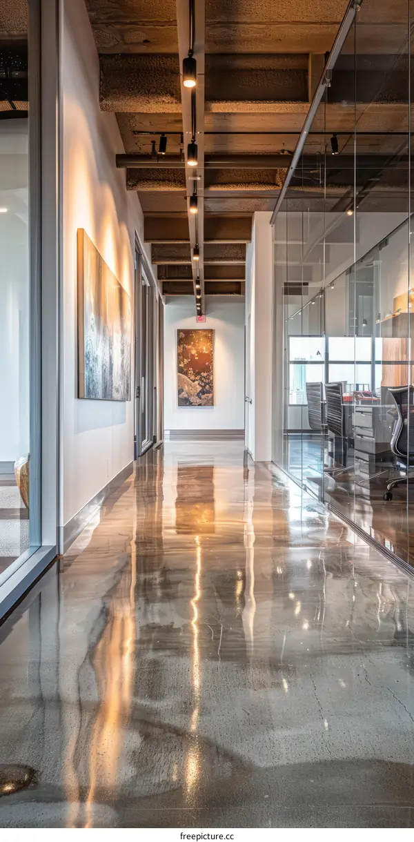 Modern Office Interior with Glass Walls and Shiny Floors