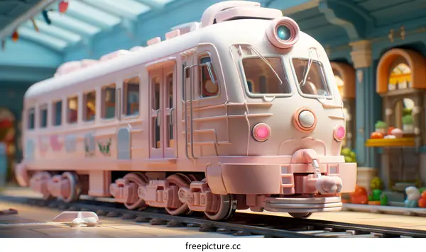 A pink toy train sits on a track in a colorful 3D illustration