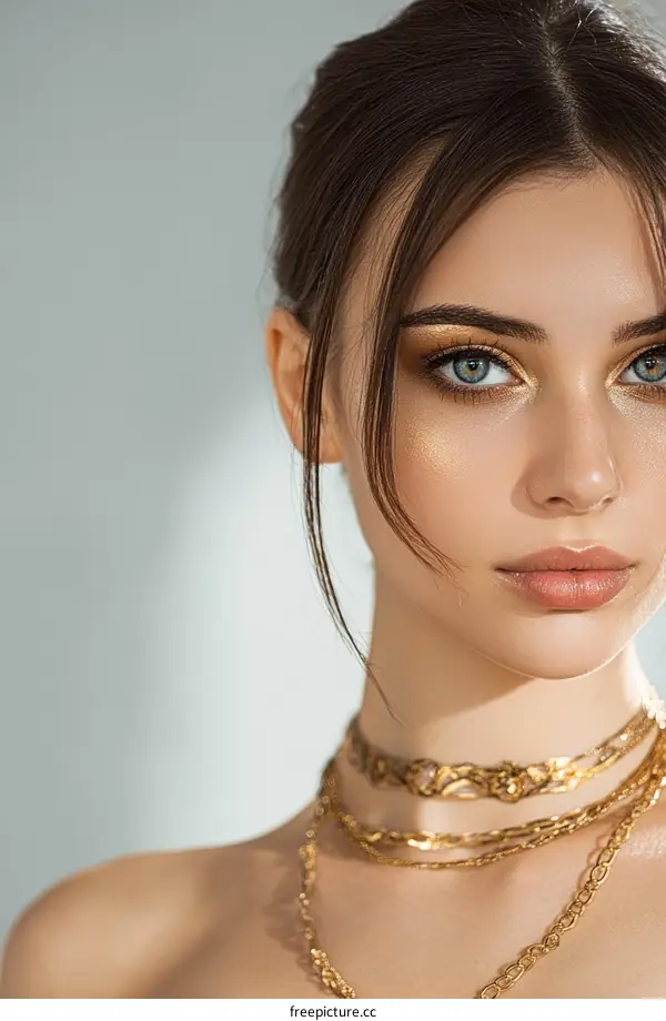 Close-up Woman Fashionable Gold Jewelry Portrait