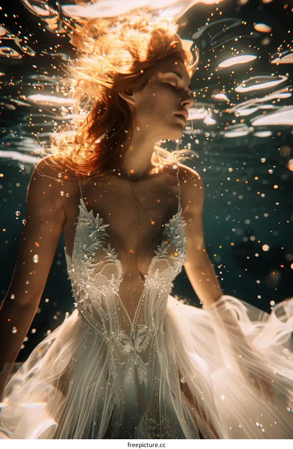 Ethereal Underwater Portrait of a Woman in a White Gown