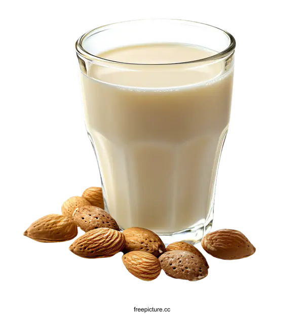 [Transparent Background PNG]Almond Milk in Glass with Almonds