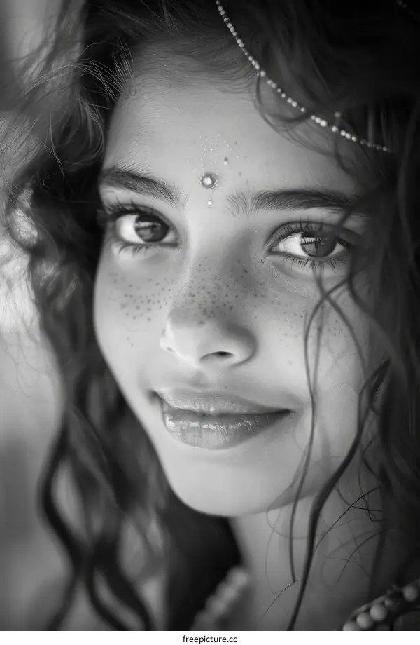 portrait of a young woman with freckles and a bindi