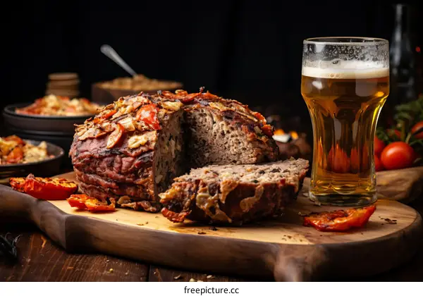 A delicious meatloaf with a side of beer and vegetables