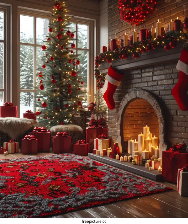 Christmas Tree and Fireplace with Presents and Festive Decorations