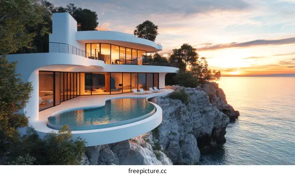 Modern Coastal Cliffside Mansion at Sunset