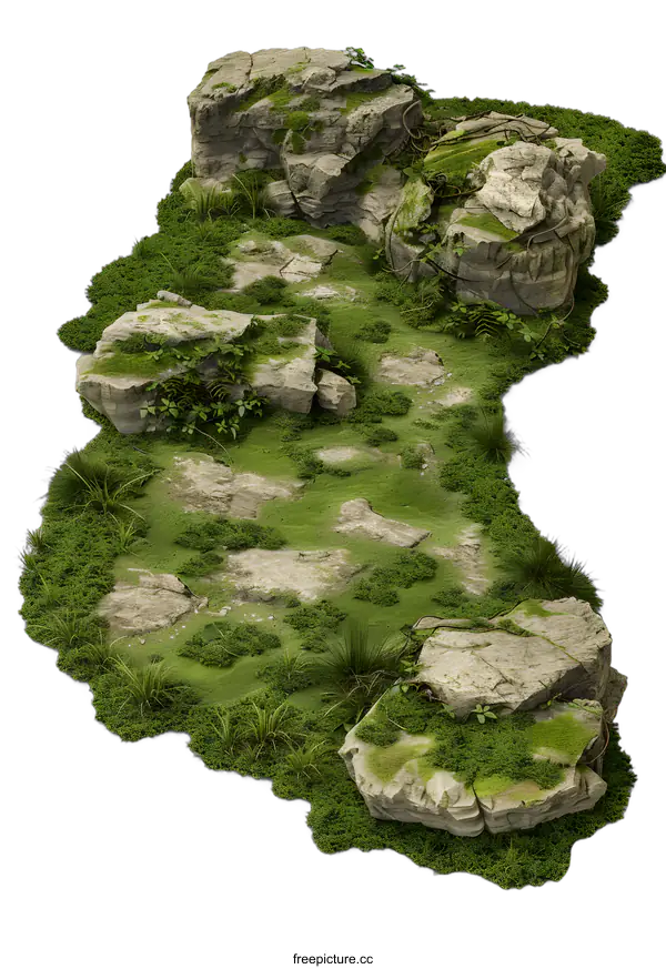[Transparent Background PNG]Green Grass with Rocks and Moss Illustration