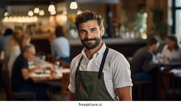 Smiling waiter in apron standing in restaurant