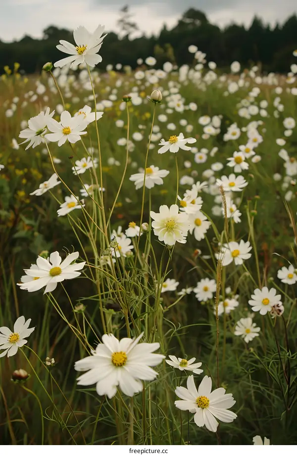 White Cosmos Flowers in a Field