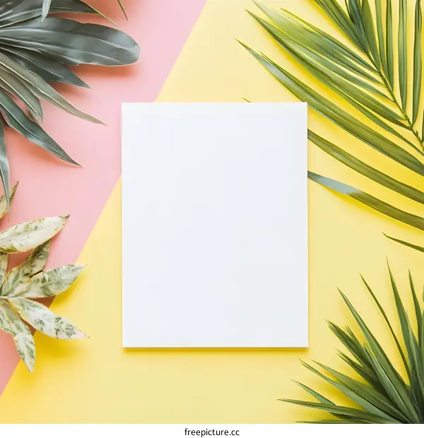 Blank White Paper Surrounded by Green Tropical Leaves on Pink and Yellow Background