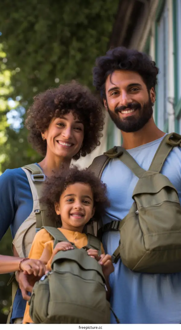 A happy family of three wearing backpacks and smiling