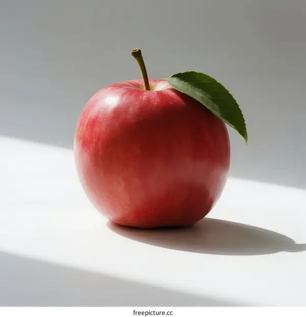 A single red apple with a green leaf on a light background