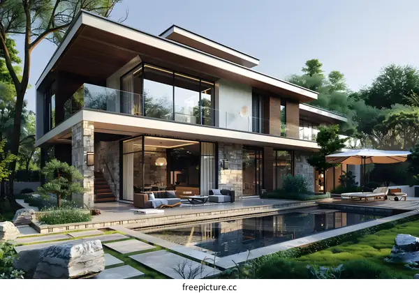 A modern villa with a swimming pool