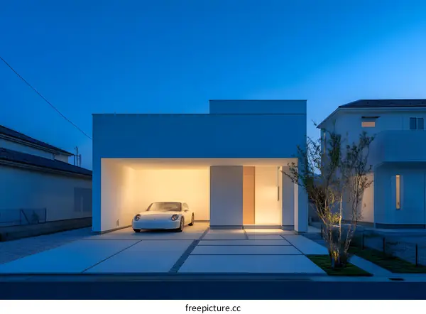 Modern White House with Car in Garage at Dusk