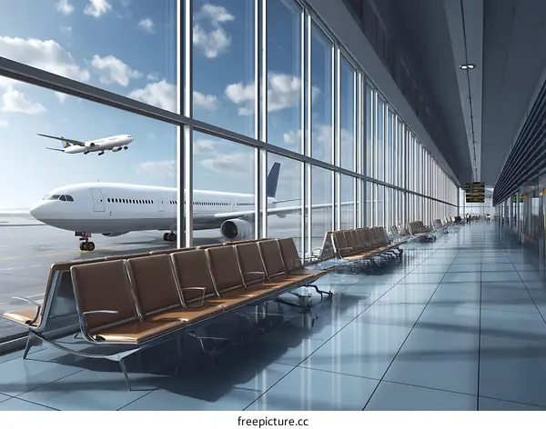 Modern Airport Waiting Area with Airplane in View