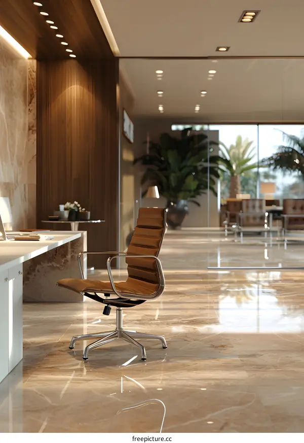 Modern office interior design with marble floor and large windows