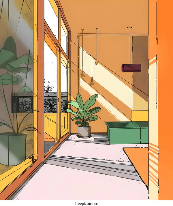 Modern Minimalist Interior Design Illustration with Plants and Geometric Patterns