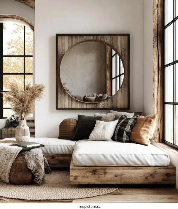 Rustic Modern Living Room with Wooden Sectional Sofa and Large Mirror