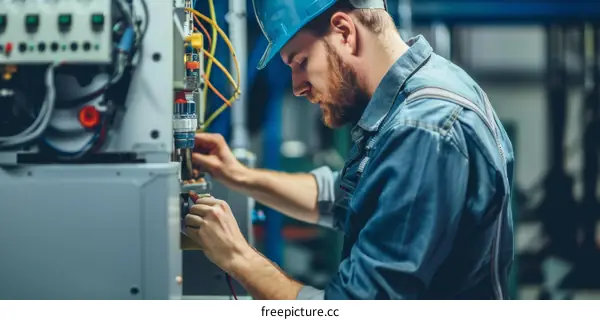 technician wearing hardhat working on electrical panel