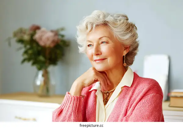 Thoughtful Senior Woman in Pink Cardigan