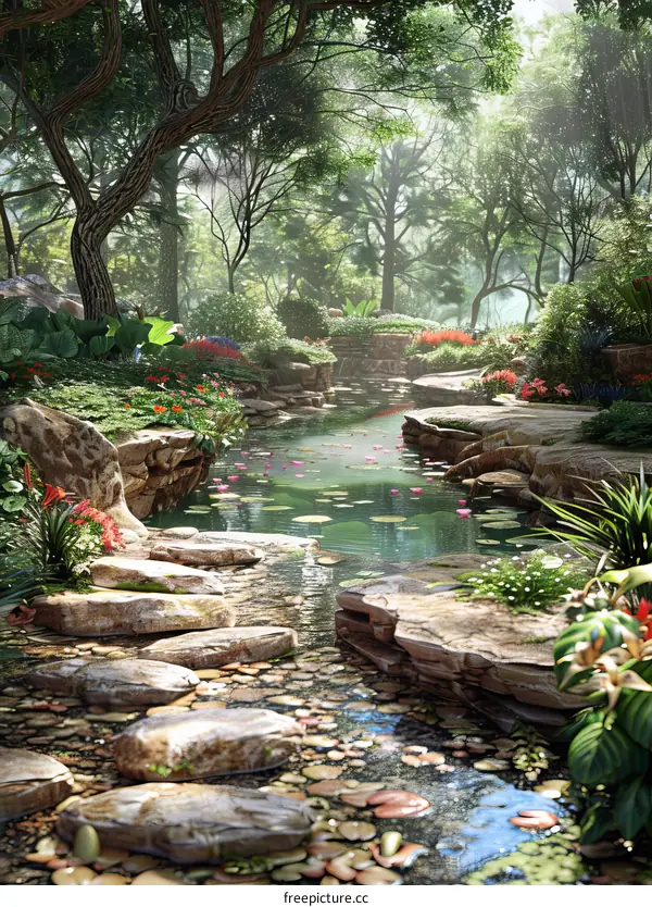 Emerald Forest Landscape with Serene Stream and Lush Vegetation