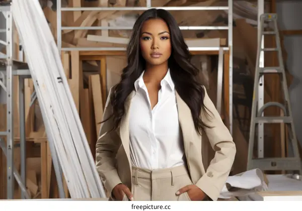 Confident young businesswoman standing in a workshop with her hands in her pockets