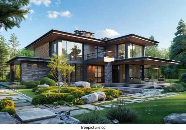 Modern house with large windows and a beautiful garden