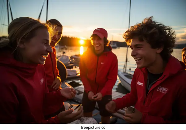 Four happy caucasian friends laughing together on a dock at sunset