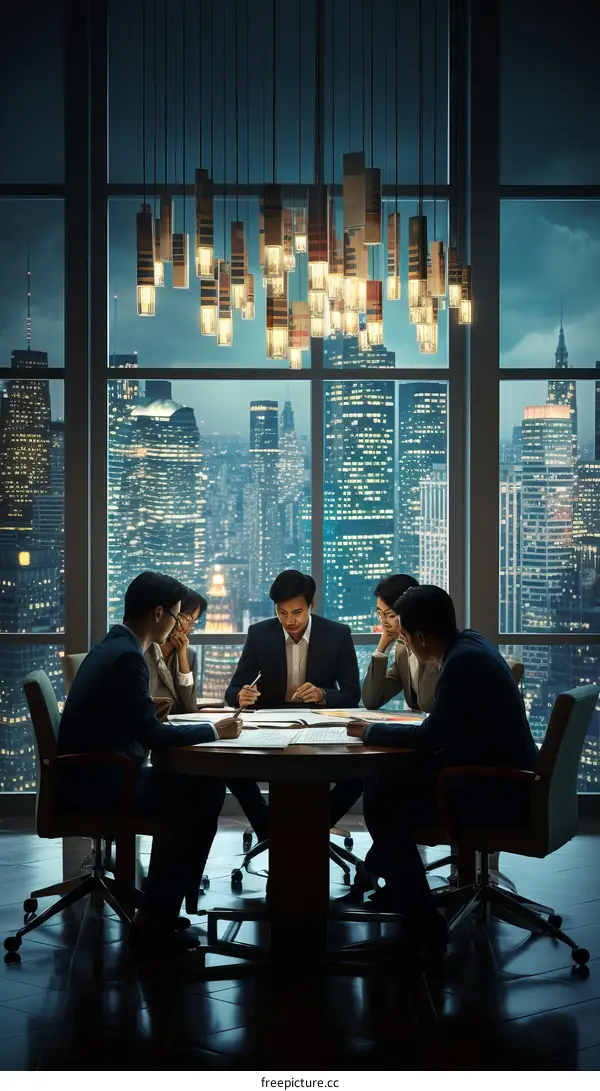 A group of business people are having a meeting in a modern office with a city view at night