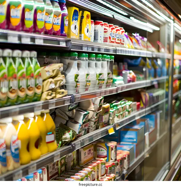 Grocery Store Aisle with Various Products on Shelves