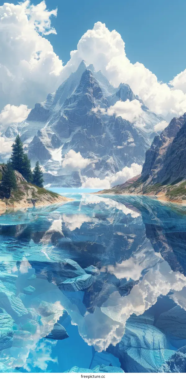 Mesmeric Fantasy Landscape with Towering Mountains, Azure Lake, and Painted Sky