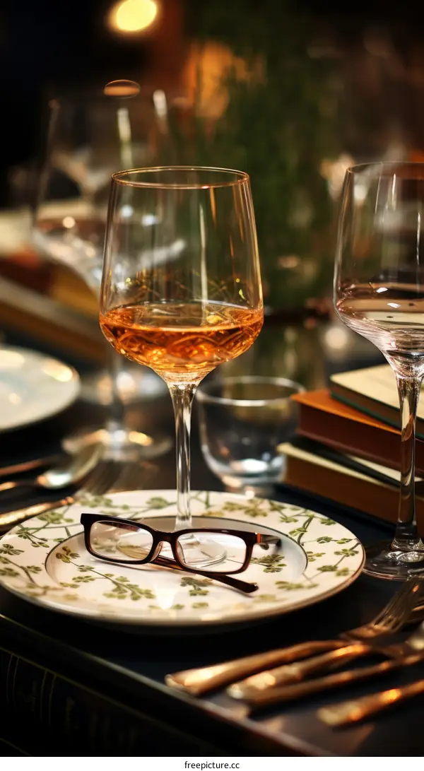 Elegant place setting with wine glass and books