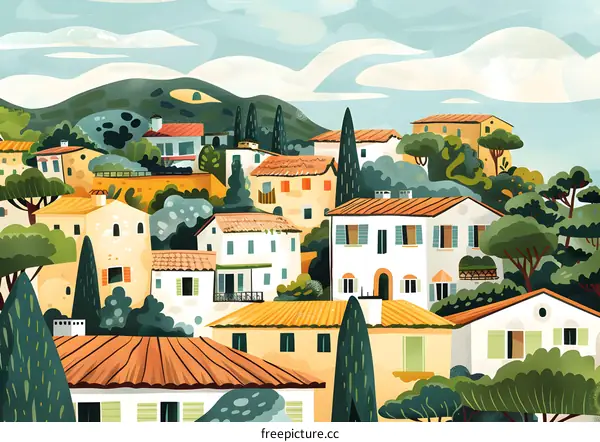 Colorful Illustration of a Hilltop Village in Europe