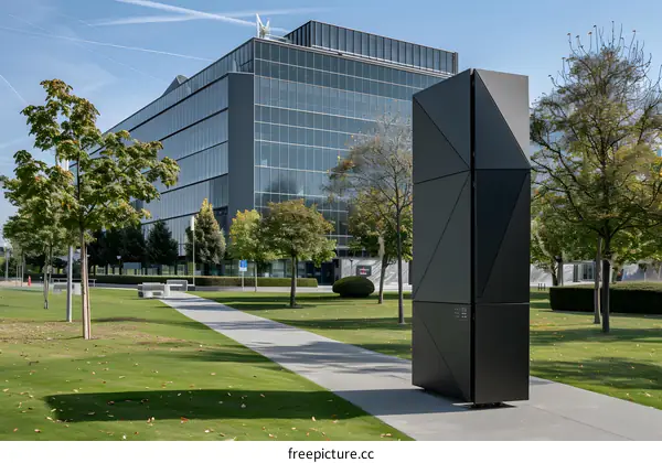 Modern Black Geometric Structure In Front Of Glass Building
