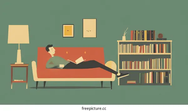Man Relaxing on Couch with Book and Bookshelf