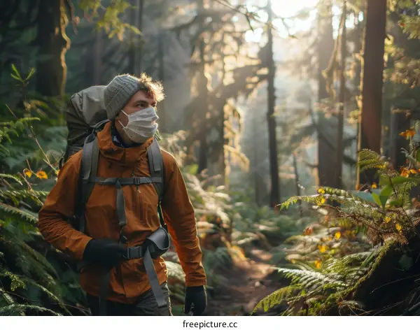 Man wearing a mask hiking in the forest